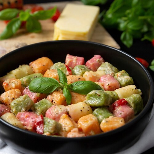 Creamy garlic rainbow gnocchi